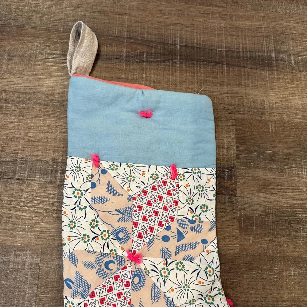 Handmade Vintage Patchwork Quilt Christmas Stocking Blue Pink Floral Cottagecore
